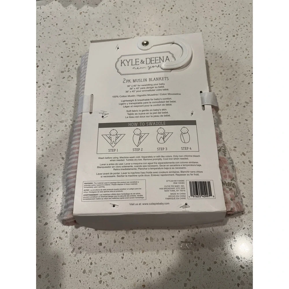 Kyle & Deena 2Pk Muslin Swaddle Blankets Pink Floral Stripe 100% Cotton 36x40